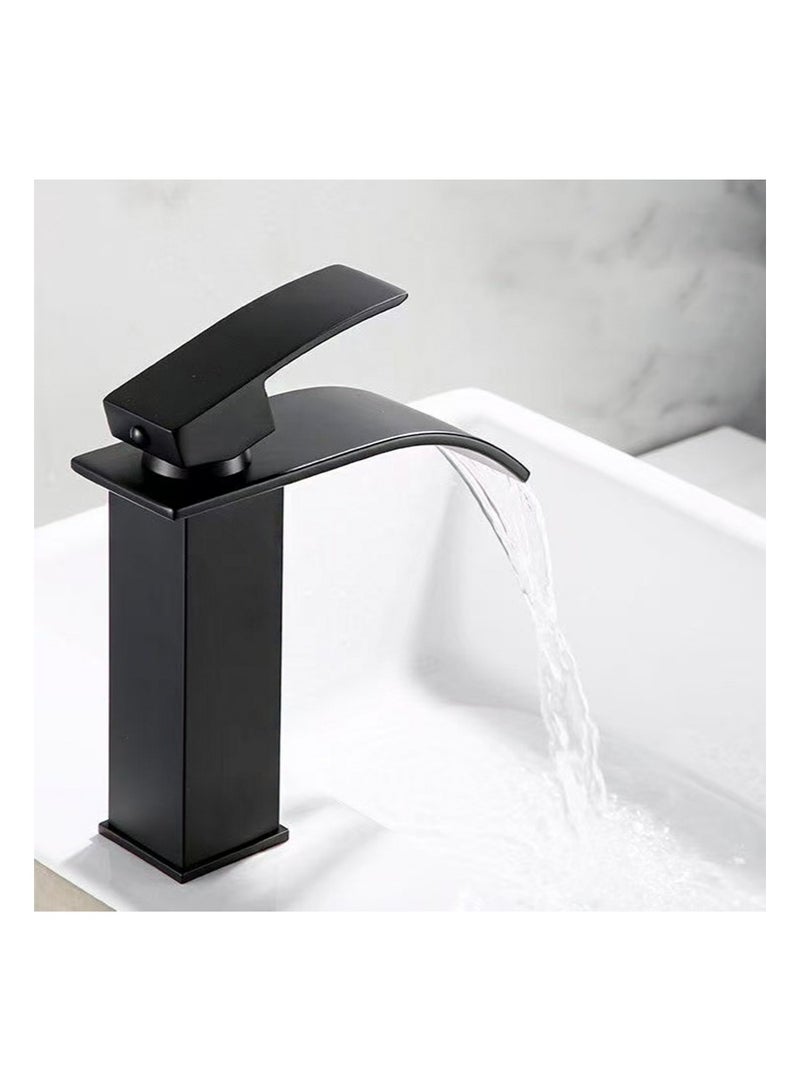 هالونهي صنابير حمام من الفولاذ المقاوم للصدأ، صنابير حوض حمام بتصميم شلال، صنابير خلط الماء الساخن والبارد، صنابير حوض حمام حديثة بفتحة واحدة مثبتة على سطح الطاولة (أسود) - Image 5